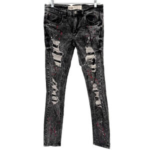 SPARK Mens Skinny Jeans 30x32 Black Distressed Ripped Paint Splatter Streetwear